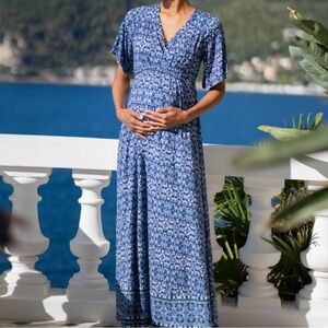 Seraphine Mediterranean Blue Maternity And Nursing Dress Size M Wrap Front